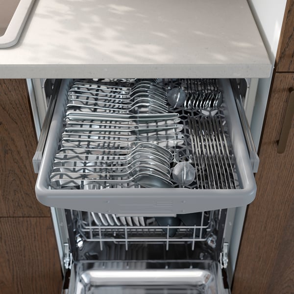 Dishwasher with upper rack open, showing cutlery organized in compartments.