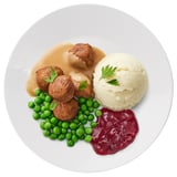  Proteinbällchen, Kartoffelpüree Erbsen/Sahnesoße und Preiselbeeren 5 Stück
