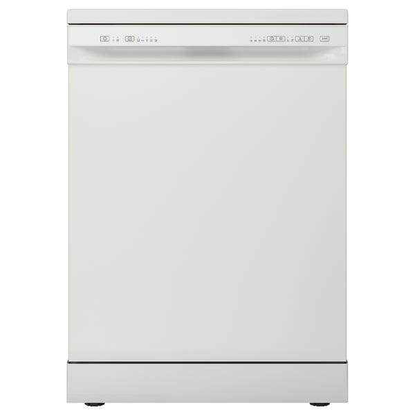 White freestanding dishwasher with digital controls and silver handle.