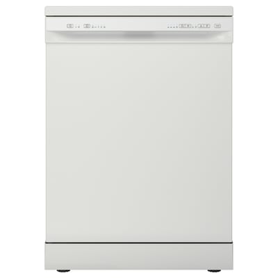 White freestanding dishwasher with digital controls and silver handle.
