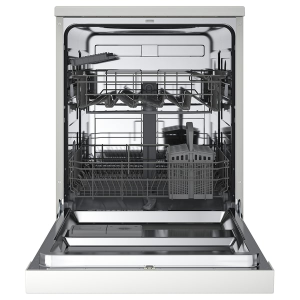 Open stainless steel dishwasher with two racks and control panel at bottom.