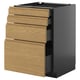 Modern oak-sided black kitchen drawers, sleek and minimalist.