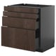 Modern dark brown wooden kitchen cabinet with four drawers, sleek black frame, organized drawers.