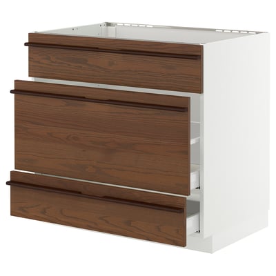 METOD メトード / MAXIMERA マキシメーラ ベースキャビネット シンク用+引き出し前部3枚/引き出し2個, ホワイト/ステーンスタ ダークブラウン アッシュ材突き板, 90x60x80 cm