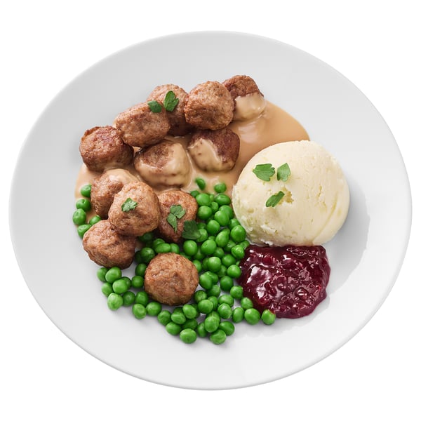  Meatballs, mashed potatoes green peas/cream sauce and lingonberry jam 12 piece