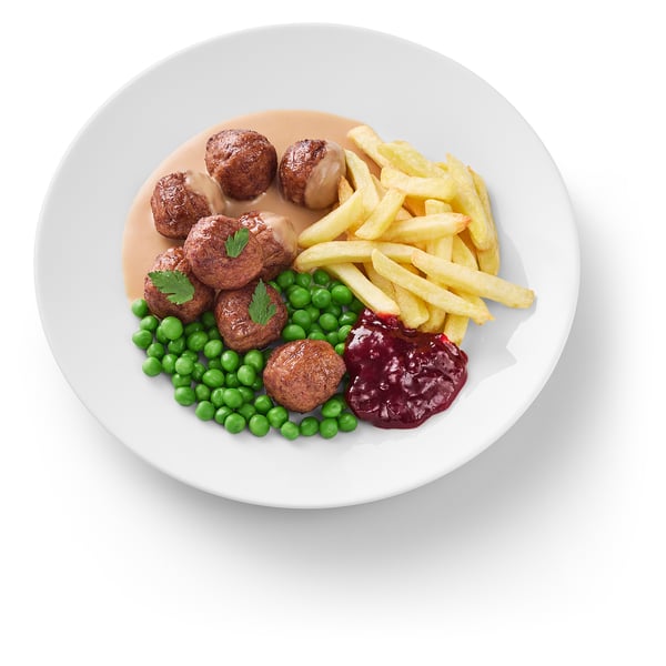  Plant balls, french fries green peas/cream sauce and lingonberry jam 8 piece