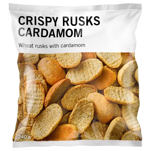 Crispy rusks cardamom bag: golden, thin slices of cardamom-flavored wheat rusks, 240g.