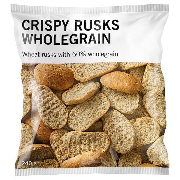 Crispy rusks whole grain snack bag, 240g, featuring wheat rusks with 60% whole grain.