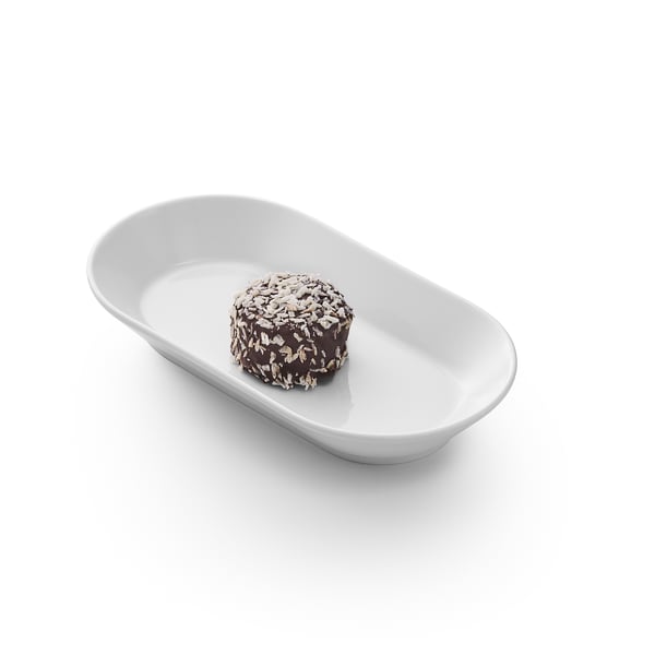 Un piccolo dessert rotondo ricoperto di cioccolato arrotolato in scaglie di cocco si trova in un piatto ovale bianco.