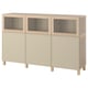 BESTÅ sideboard: three sections with glass doors top, beige bottom, oak legs.