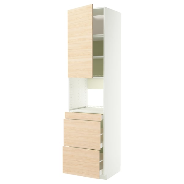 Белый кухонный шкаф METOD с деревянными дверцами и ящиками из светлого ясеня, современный дизайн с гладкими линиями и большим пространством для хранения.