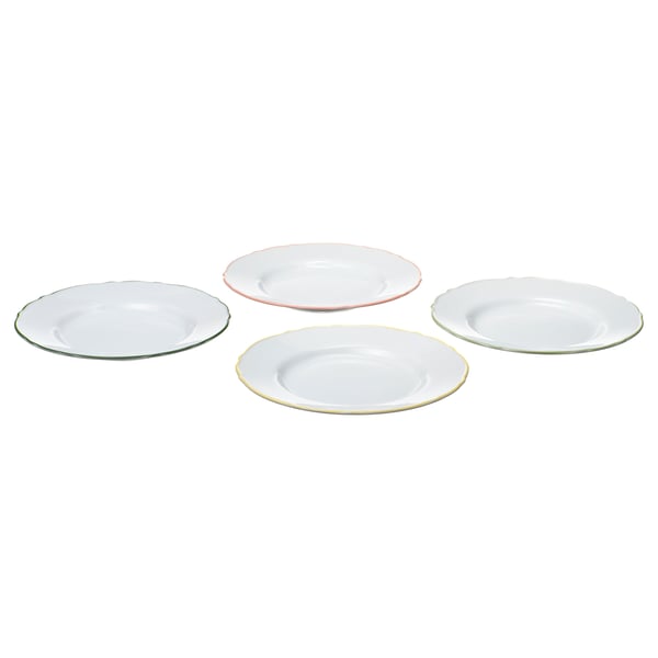 Four white UPPLAGA side plates in a row, each with different colored rims: turquoise, red, gold, and blue.