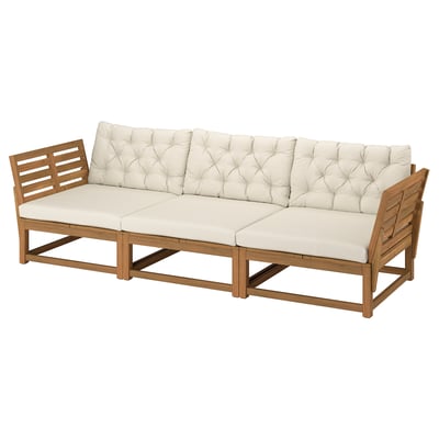NÄMMARÖ 3-seat modular sofa, outdoor armrests/light brown stained Kuddarna light grey-beige, 264 cm