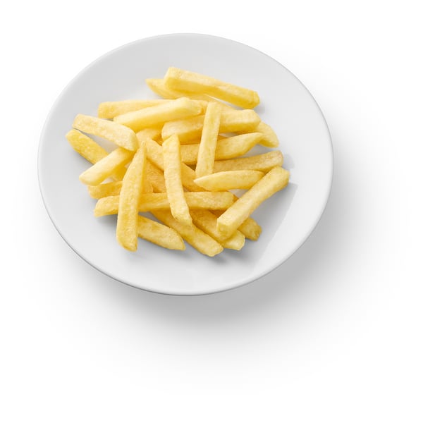 A serving plate with golden french fries.
