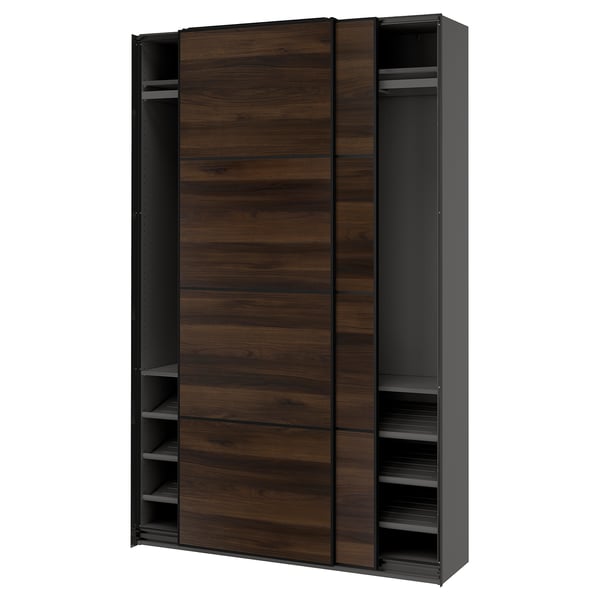 PAX wardrobe: dark wood finish, sliding doors, metal shelves, square shape.