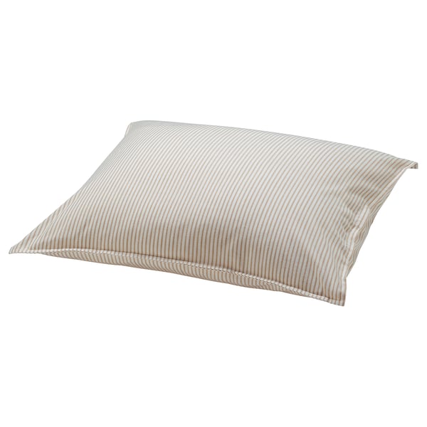 A SOLFIBBLA square pillow with beige and white stripes, made from 100% soft cotton. It has a simple, cozy vintage design.