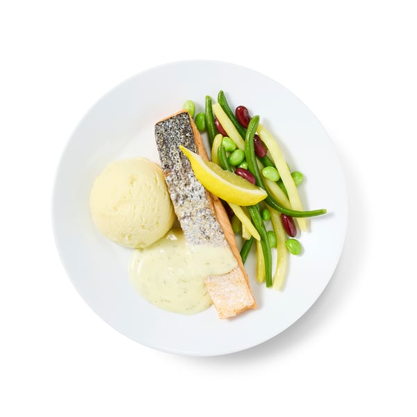 Salmon fillet, mashed potatoes bean mix/lemon-dill sauce