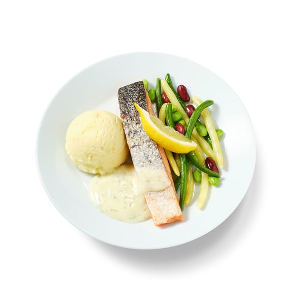 Salmon fillet, mashed potatoes bean mix/lemon-dill sauce
