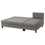 Szara rozkładana sofa w kształcie litery L, tkanina knisa, czarne nogi.