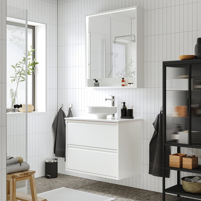 ÄNGSJÖN / LERSJÖN Шафка під умивальник із шухлядами/умивальник/змішувач, глянцевий білий/білий імітація мармуру, 82x49x79 см, фото 2
