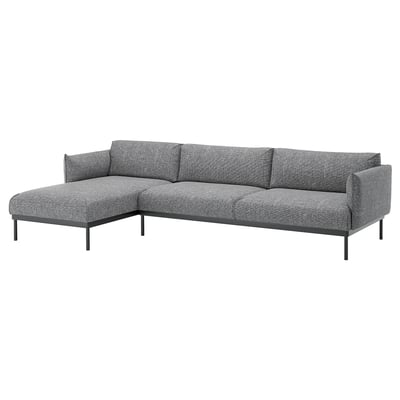 Nowoczesna szara sofa w kształcie litery L z eleganckimi metalowymi nogami, przytulnymi poduszkami i stylowym, minimalistycznym designem.