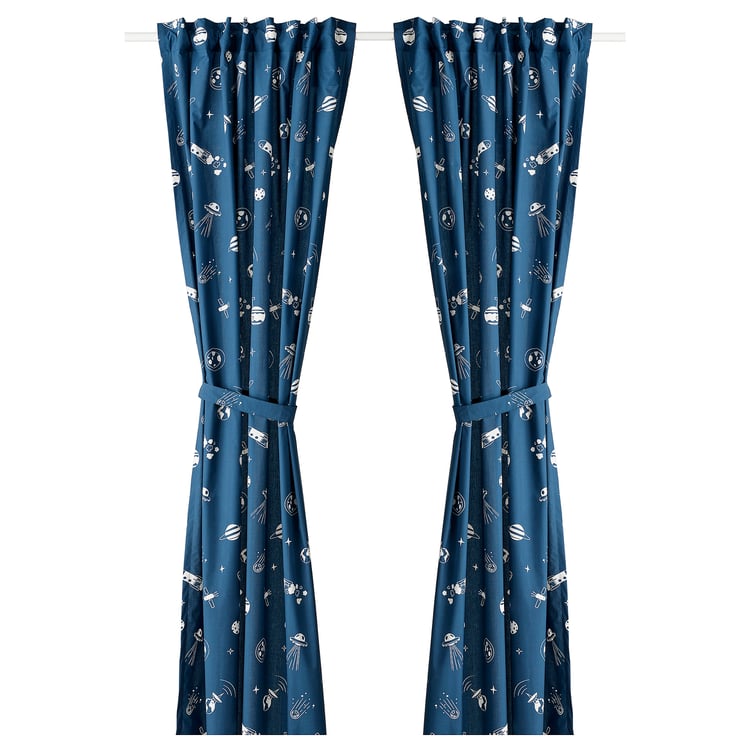 AFTONSPARV Zasłony z wiązaniami, 2 szt., kosmos niebieski/biały, 120x300 cm