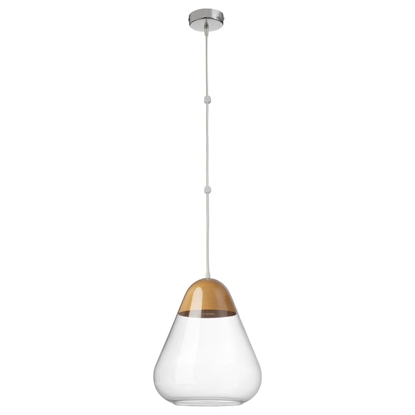 Lampa wisząca AKTERGAST, chrom i drewno, szklana kopuła w kształcie dzwonu. Nowoczesna, regulowana wysokość, idealna do jadalni.