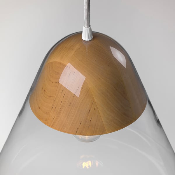 Lampa wisząca z drewnianym blatem i szklaną kopułą; Prezentując jakość wykonania i elegancki design.