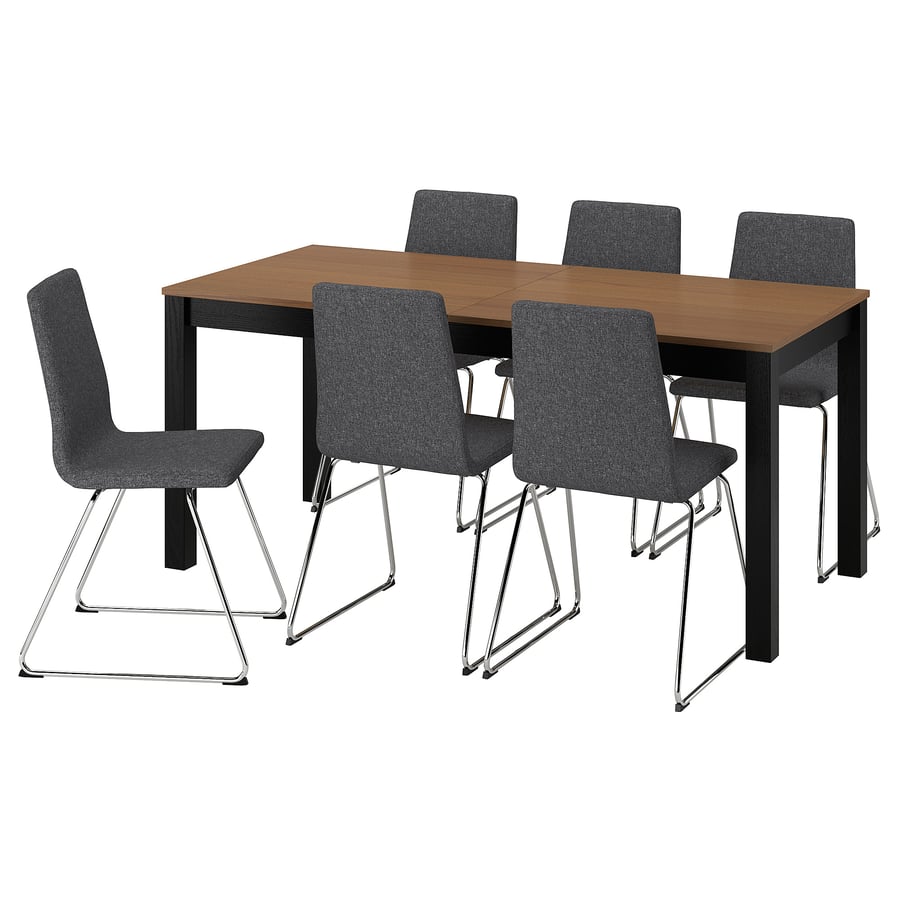 ÅLHULT / LILLÅNÄS laud ja 6 tooli, pruun/must/Gunnared tumehall kroomitud, 170/220x80 cm