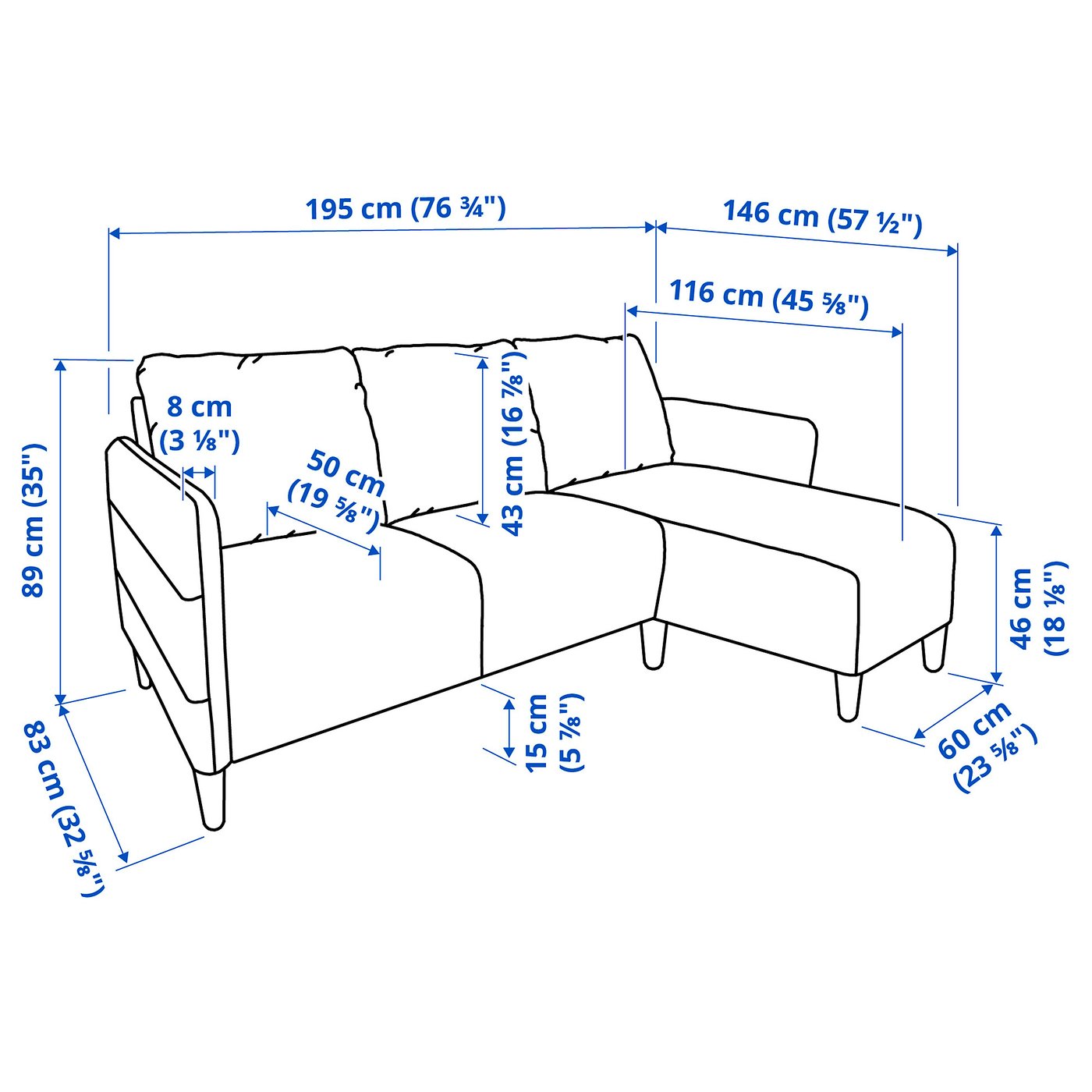 ANGERSBY sofa 3-osobowa, z szezlongiem/Knisa jasnoszary - IKEA