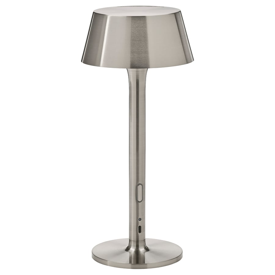 AVHÅLL pārnēsājama LED lampa, darbojas ar baterijām regulējama gaismas intensitāte/niķelēts lietošanai ārā, 29 cm