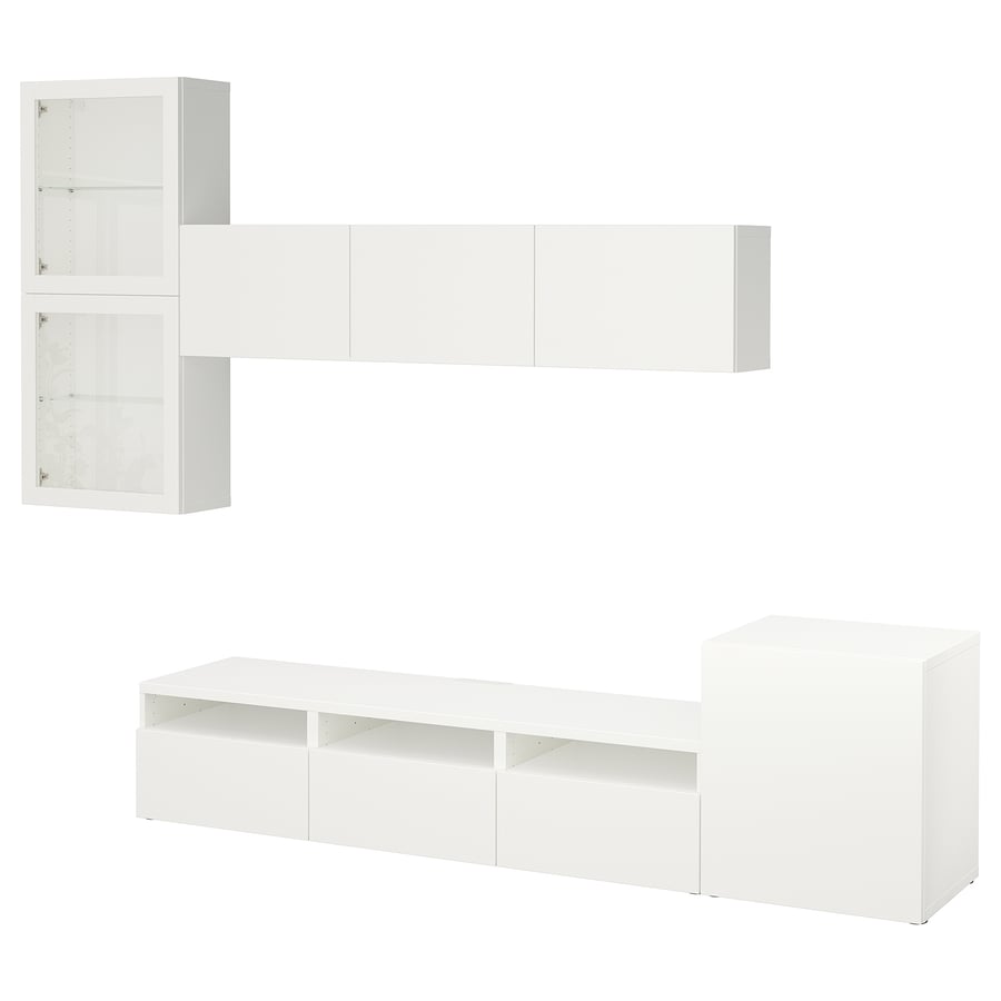 BESTÅ TV plauktu komb. ar stikla durvīm, baltā krāsā/Lappviken caurspīdīgs stikls, 300x42x211 cm