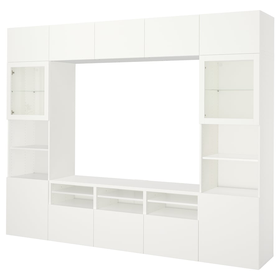 BESTÅ TV plauktu komb. ar stikla durvīm, baltā krāsā/Lappviken caurspīdīgs stikls, 300x42x231 cm