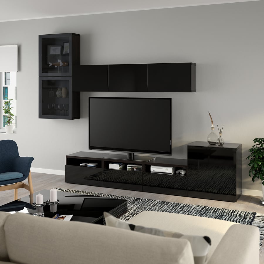 BESTÅ TV plauktu komb. ar stikla durvīm, melni brūnā krāsā/Selsviken spīdīgs/melni tonēts stikls, 300x42x211 cm