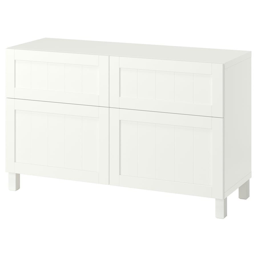 BESTÅ plauktu komb. ar durv. un atvilktn., Pipmakare baltā krāsā/Stubbarp baltā krāsā, 120x42x74 cm