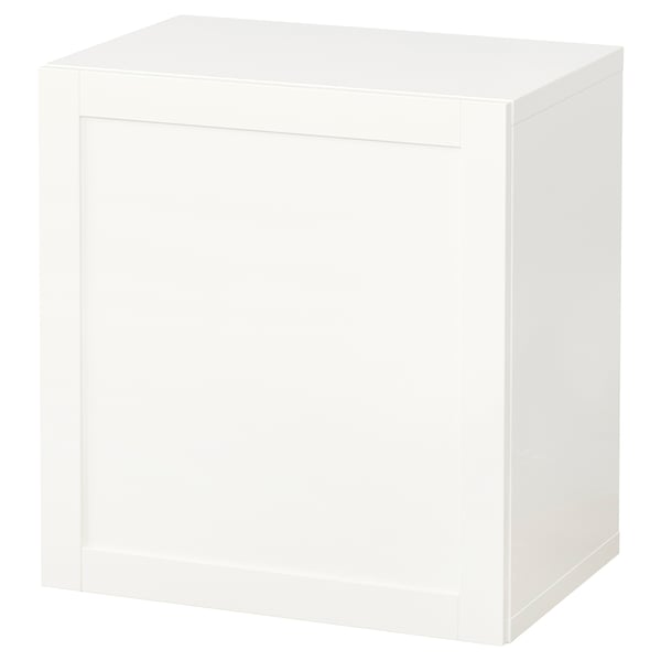 Biały schowek BESTÅ, elegancki i kwadratowy, minimalistyczny design.