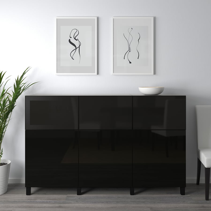 BESTÅ kombinācija mantu glabāšanai, melni brūnā krāsā Selsviken/Glassvik spīdīgs/melni tonēts stikls, 180x42x112 cm