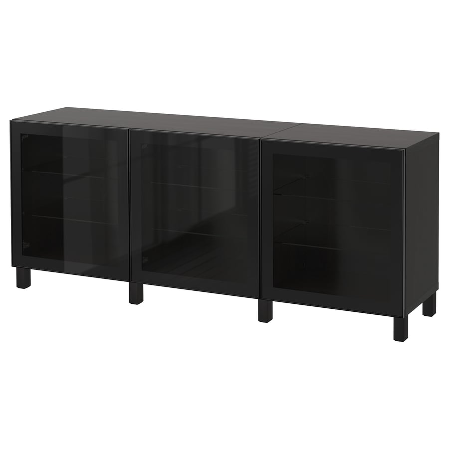 BESTÅ Skapju kombinācija 180x40x74 cm, (standarta enģes) melni brūns/ Glassvik caurspīdīgs stikls