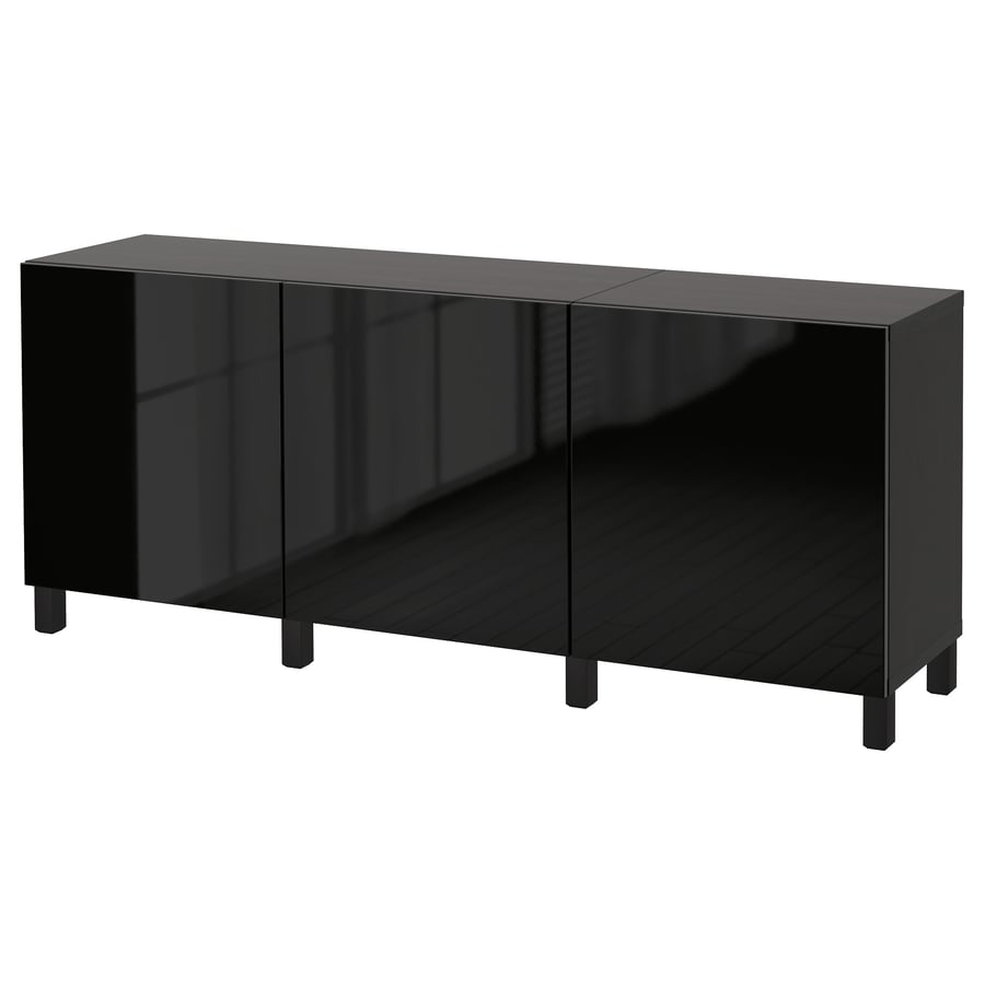 BESTÅ Skapju kombinācija 180x40x74 cm, (standarta enģes) melni brūns/ Selsviken melns glancēts