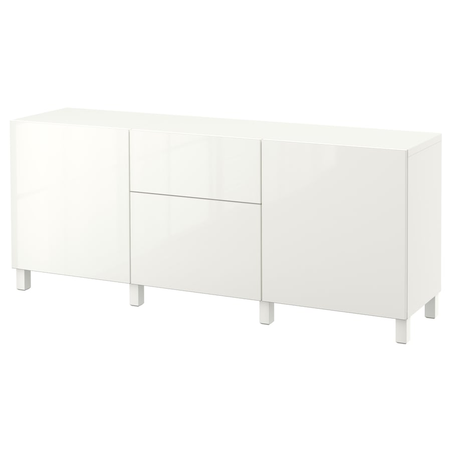 BESTÅ  plauktu kombinācija ar atvilktnēm, 180x42x74 cm, baltā krāsā/Selsviken/Stubbarp spīdīgs/balts  