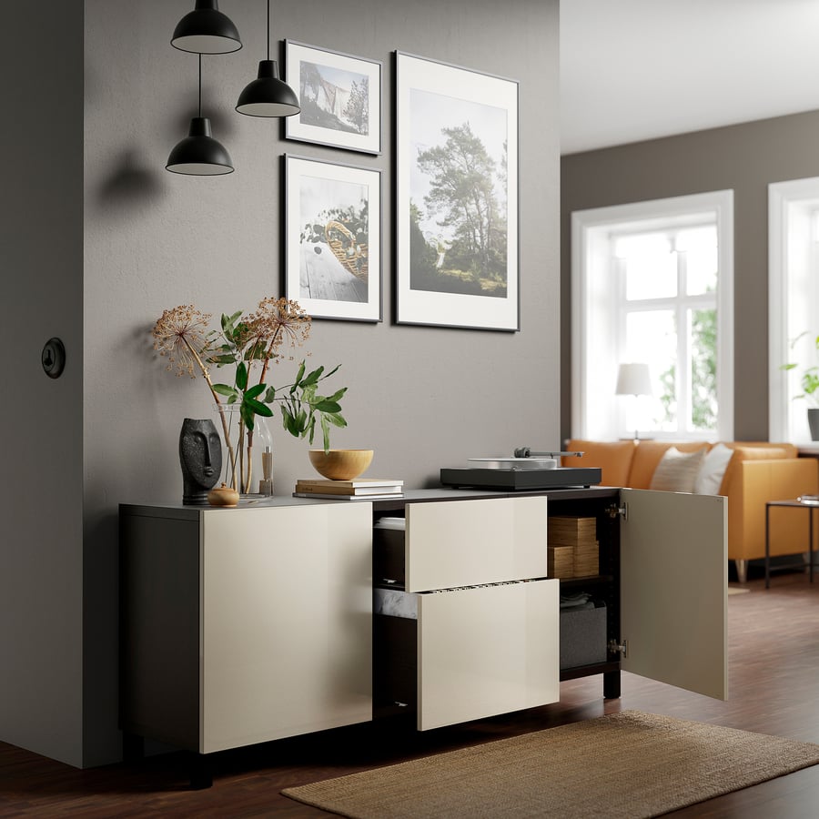 BESTÅ riiulikombinatsioon sahtlitega, 180x42x74 cm, must-pruun/Selsviken/Stubbarp läikiv/liiv