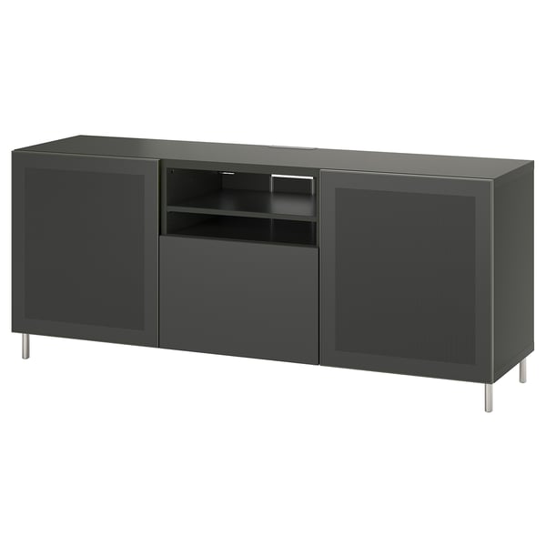 Szafka pod telewizor ikea BESTÅ w kolorze ciemnoszarym o eleganckim, nowoczesnym designie z regulowanymi półkami i systemem zarządzania.