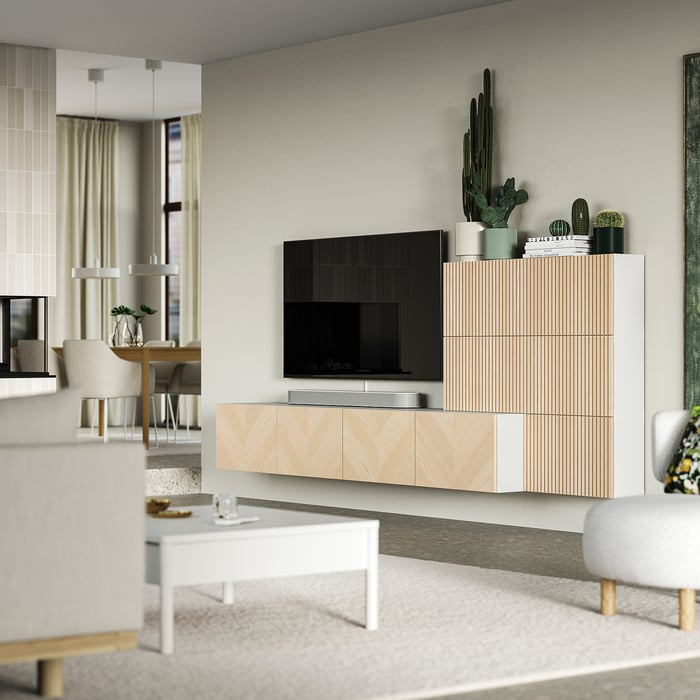 BESTÅ Тумба для телевізора, аудіоапаратури, білий Björköviken/Hedeviken ясеневий шпон, 300x42x114 см, фото 2