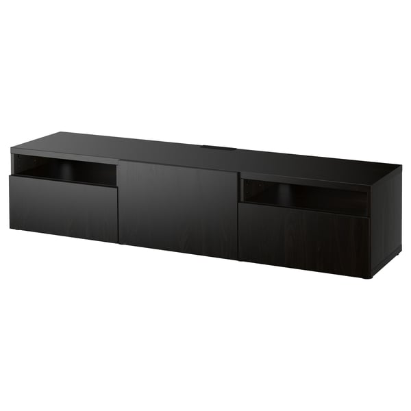 Elegancka szafka pod telewizor BESTÅ o minimalistycznym designie, wyposażona w wiele przegródek do przechowywania i zarządzania.