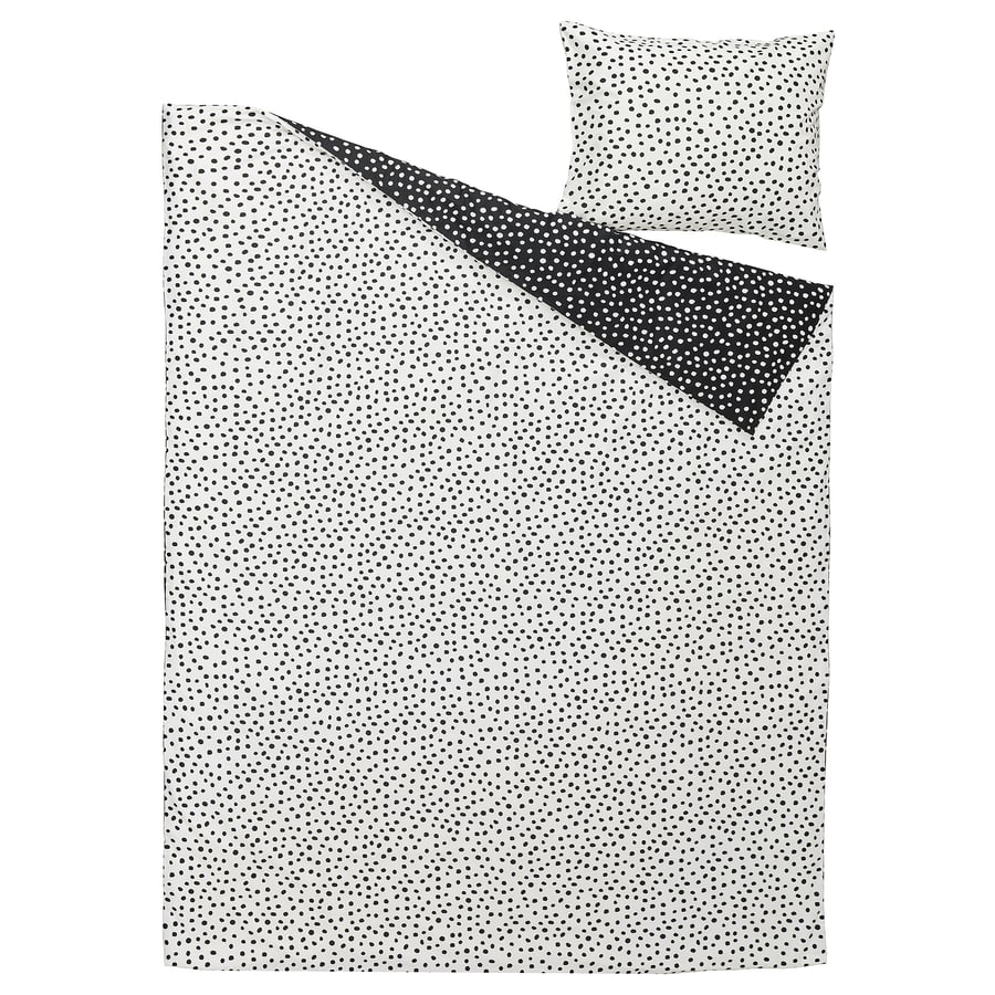 BJÖRKGRÅMAL, segas pārvalks un spilvendrāna, melnā krāsā baltā krāsā/punktains, 150x200/50x60 cm