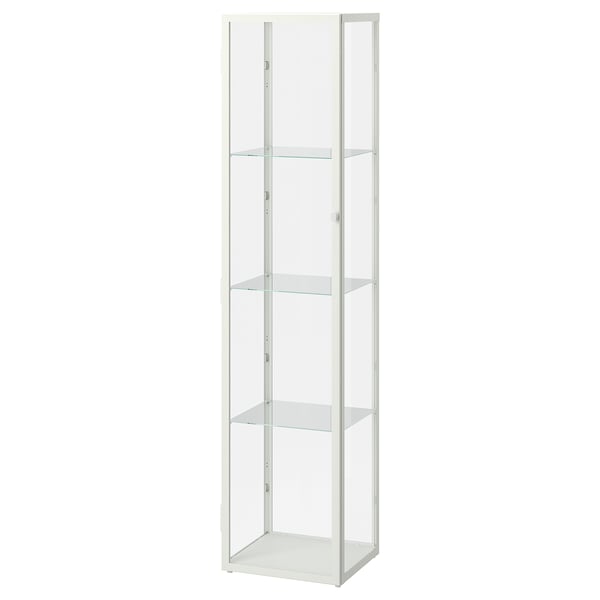 Biała witryna BLÅLIDEN ze szklanymi półkami i drzwiami, prezentująca nowoczesny i elegancki design.