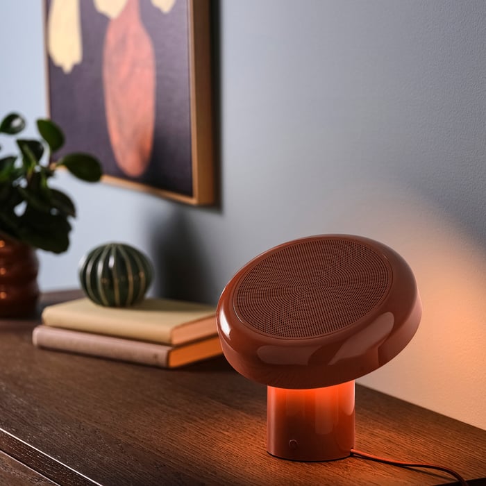 BLOMPRAKT Лампа з динаміком Bluetooth, червоний/коричневий, фото 3