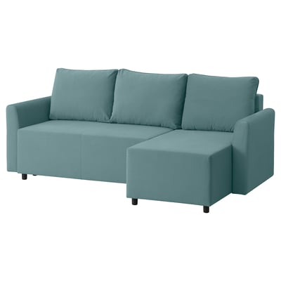 Nowoczesna turkusowa sofa z szezlongiem. Wygodna, rozkładana konstrukcja do spania. Miękka tkanina pochodząca z recyklingu z solidną drewnianą ramą.