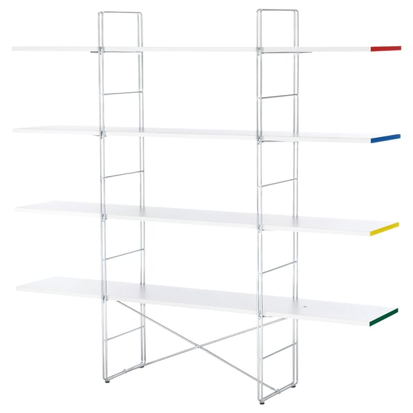 Ikea BYAKORRE, biały metalowy regał, nowoczesny minimalistyczny design, regulowane półki z melaminy.