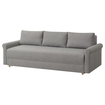 Szara rozkładana sofa DÅNHULT z podłokietnikami, miękką tkaniną, sprężynami kieszeniowymi, przekształca się w łóżko, miejsce na pościel.